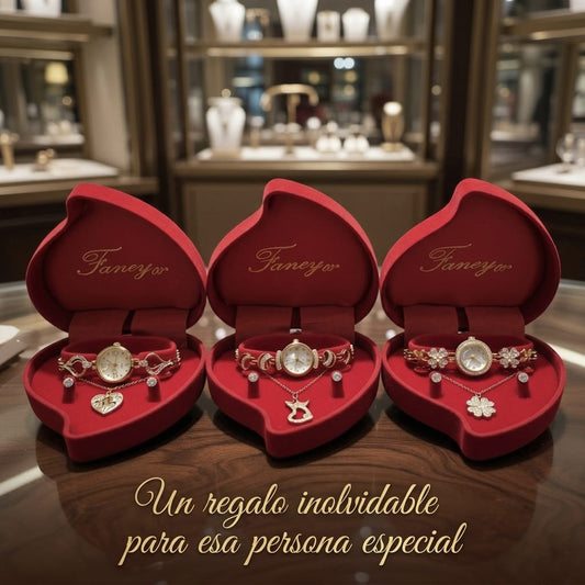 Conjunto de joyas dorado aleatorio con joyero de corazon.
